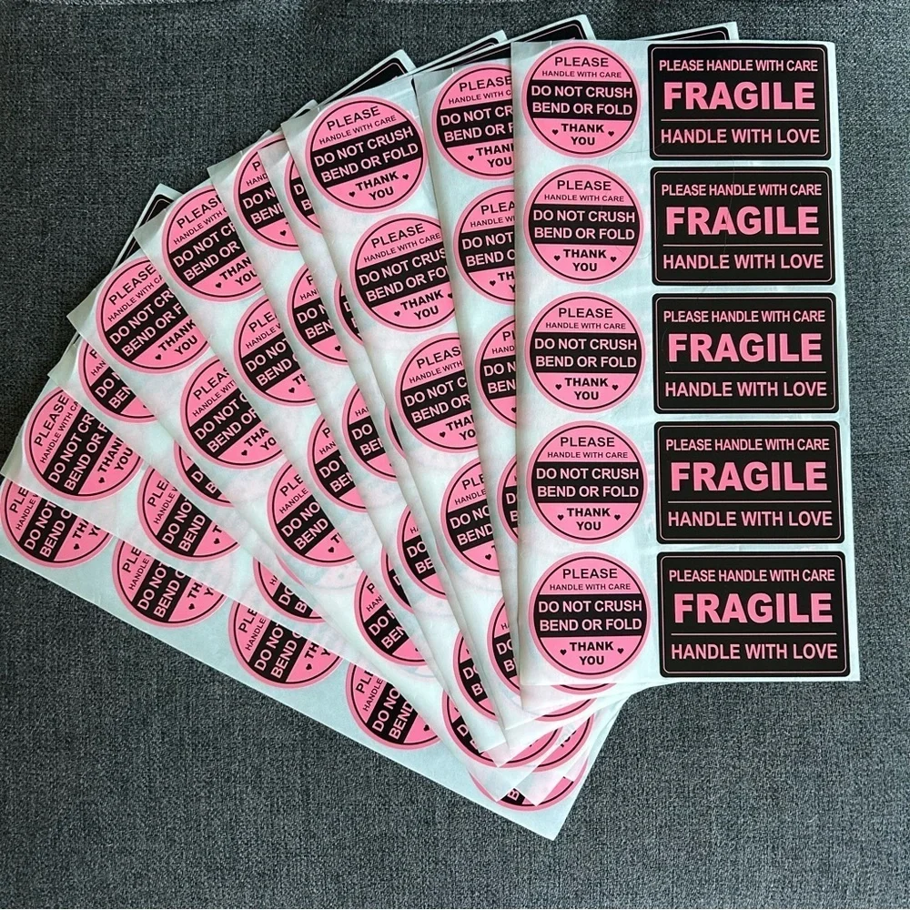 Count of 100 - Fun, Neon Pink + Black Rectangular + Circular FRAGILE Stickers